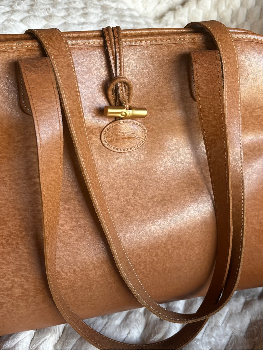 Vintage Longchamp Cognac Leather Tote Roseau Toggle Shoulder Bag